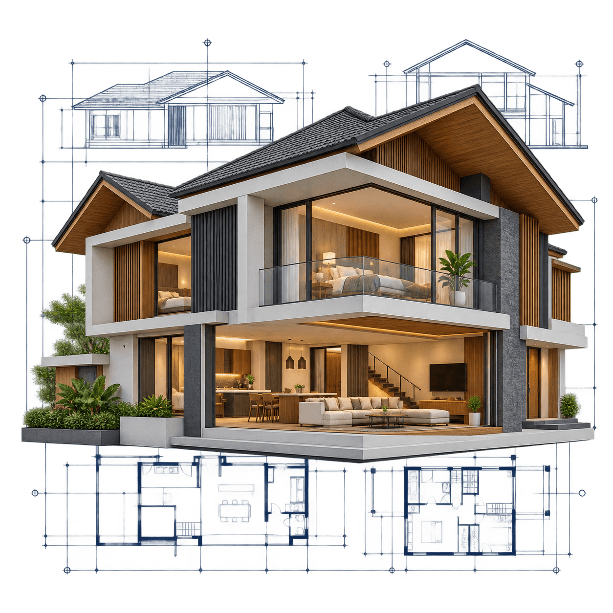 Contemporary villa cutaway with detailed architectural blueprint linework